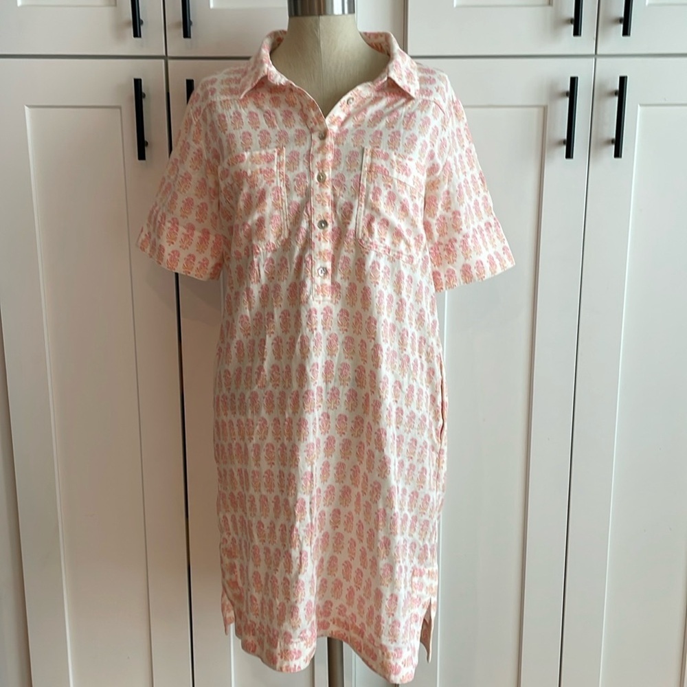Faherty Rae Dress Pink Taj Floral Linen Blend Button Front Shirt Dress Medium